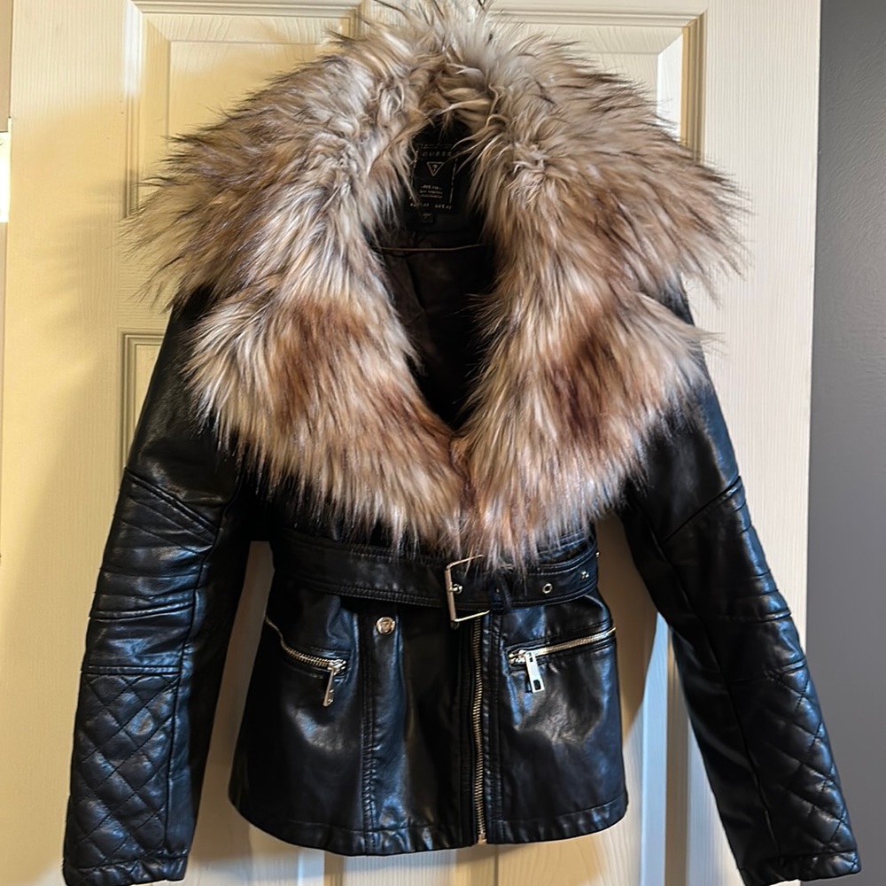 Guess Black Leather Jacket with Faux Fur Collar